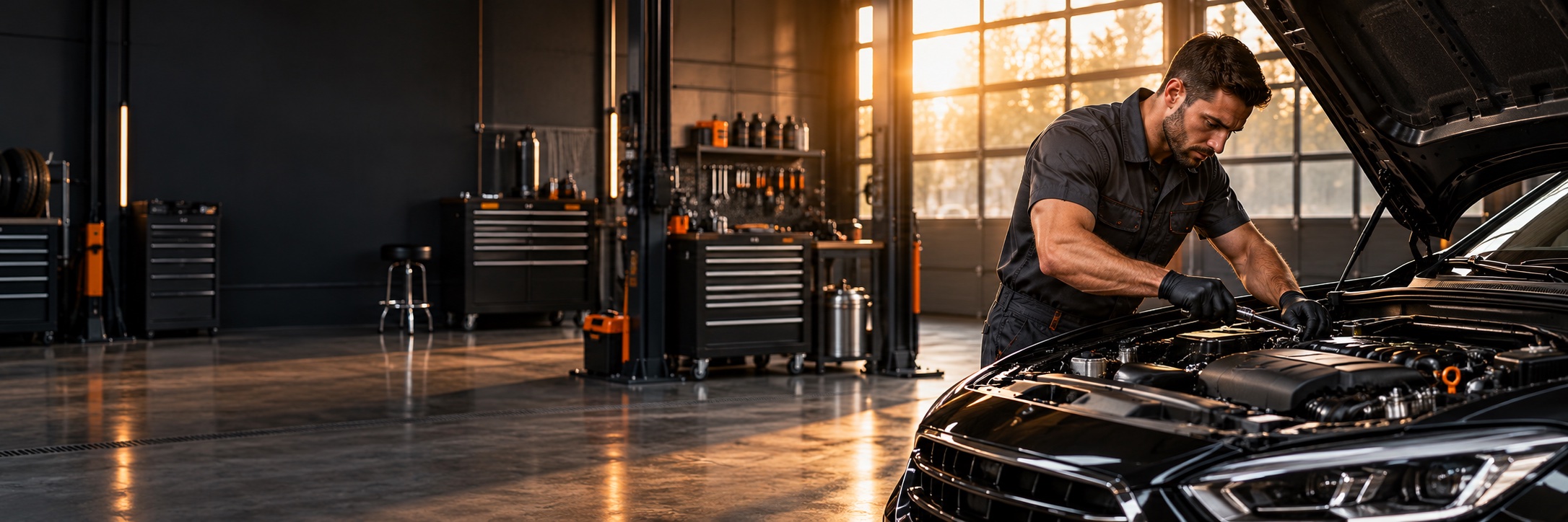 Mechanic inspecting a car in a professional workshop
